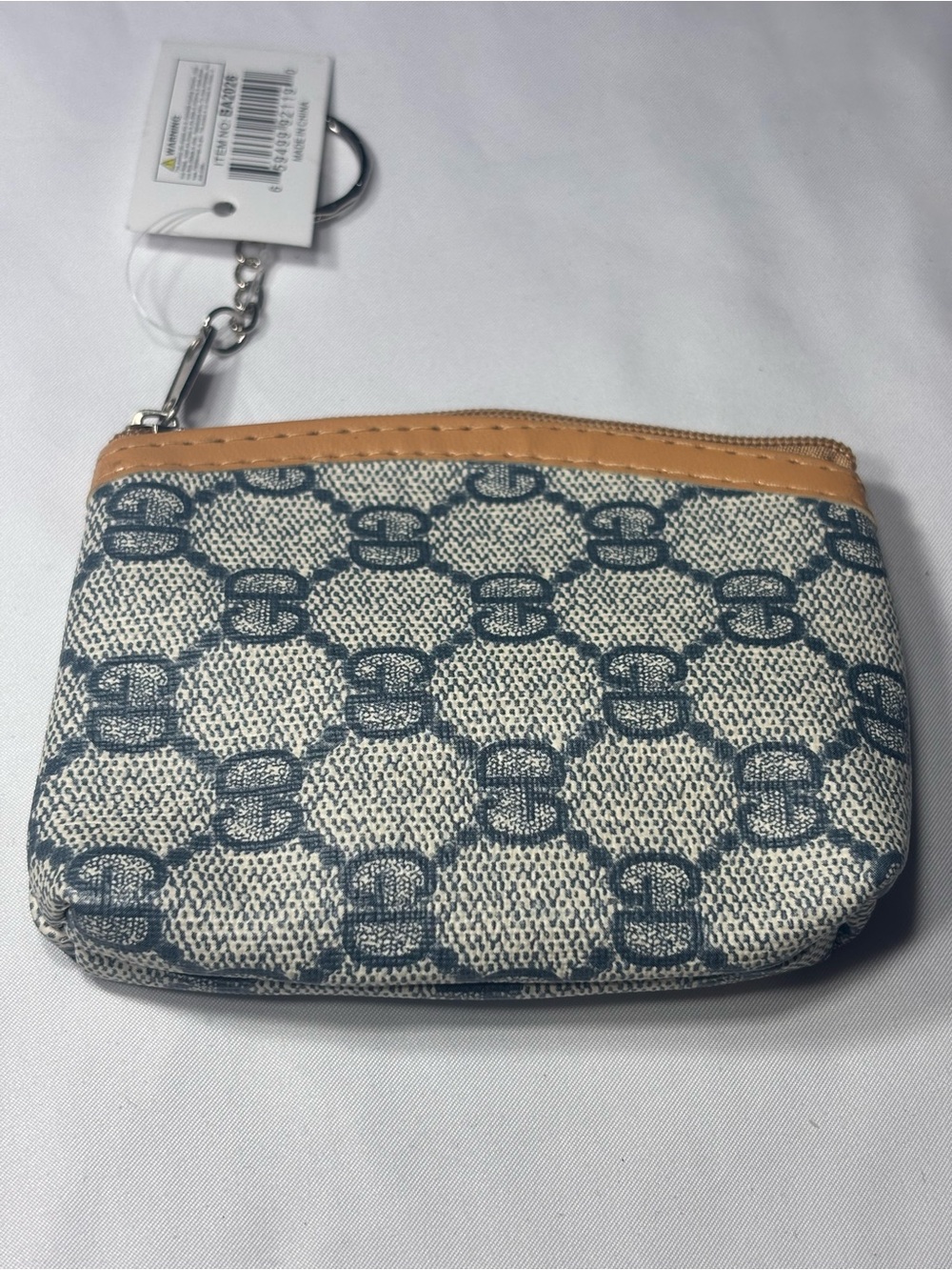 New Patterned Coin Pouch Keychain in Navy and Tan